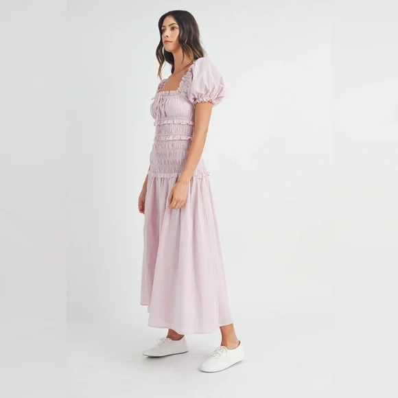 69B. Puff Sleeve Smocked Tiered Midi Dress - Mauve